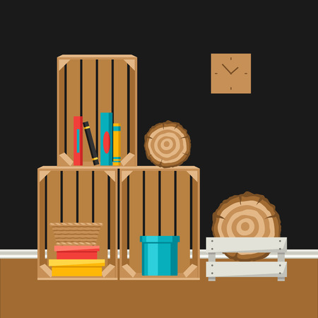 Interior home decor. Wooden boxes. Illustration in flat style.のイラスト素材