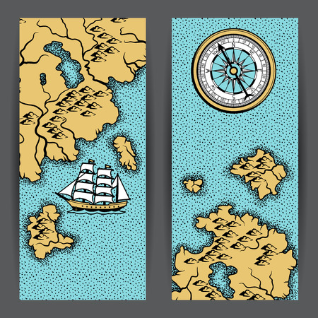 Banners with old nautical map. Islands, ships and vintage retro compass.のイラスト素材