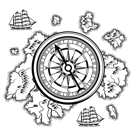 Background with old nautical map. Islands, ships and vintage retro compass.のイラスト素材