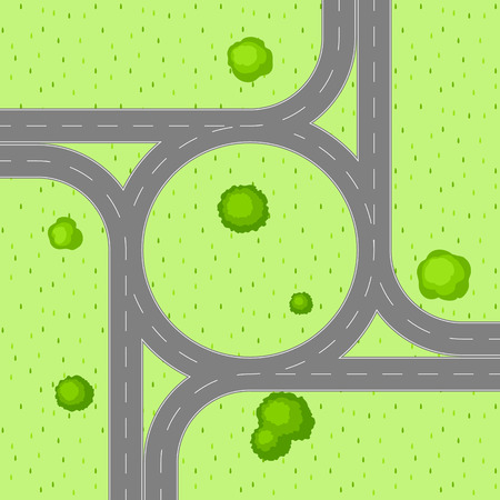 Top view of road junction. Scene with highway and trees in countryside.のイラスト素材