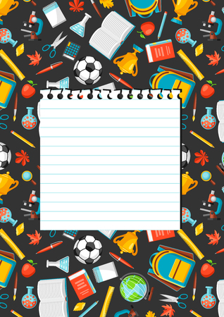 School background with education items. Illustration of colorful supplies and stationery.のイラスト素材