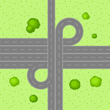 Top view of road junction. Scene with highway and trees in countryside.のイラスト素材