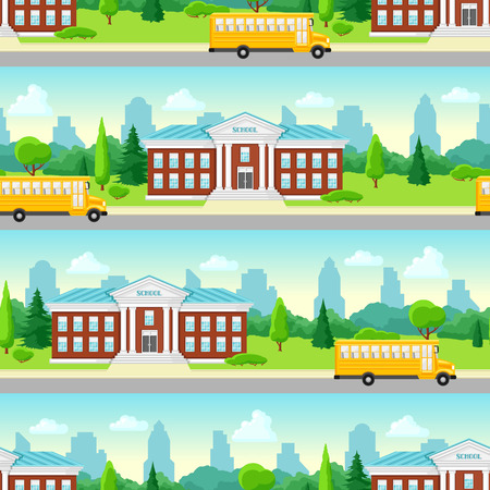 Seamless pattern with school building and bus. City landscape with houses, trees and clouds.のイラスト素材