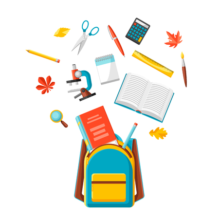 School backpack with education items. Illustration of colorful supplies and stationery.のイラスト素材