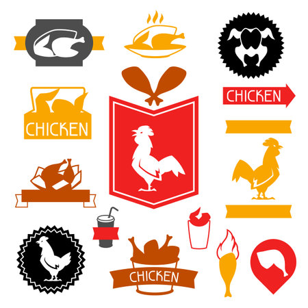 Fast food fried chicken meat. Badges with legs, wings and basket.のイラスト素材