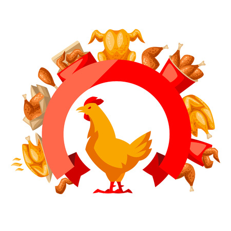 Fast food fried chicken meat. Background with legs, wings and basket.のイラスト素材