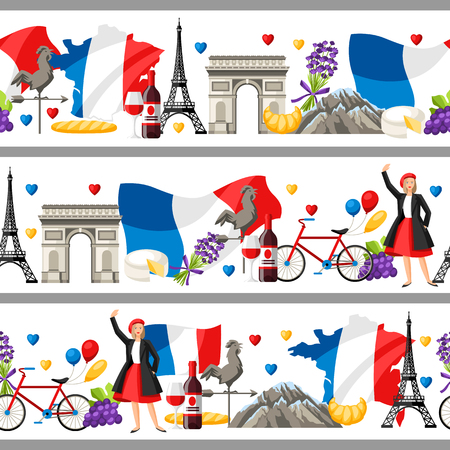 France seamless borders. French traditional symbols and objects.のイラスト素材