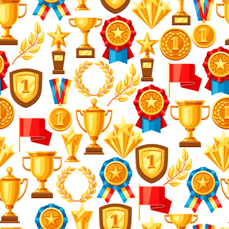 Awards and trophy seamless pattern. Reward items for sports or corporate competitions.のイラスト素材