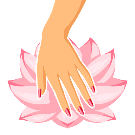 Spa care for hands and nails. Illustration of manicure and lotus.のイラスト素材