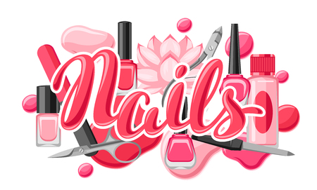 Banner with manicure tools. Nail polishes and professional equipment for manicure salons.のイラスト素材