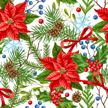 Seamless pattern with winter plants. Merry Christmas holiday decoration. Forest branches background in vintage style.のイラスト素材