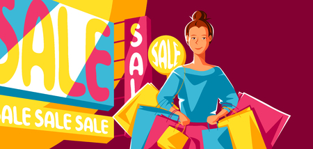 Cute girl with packages on sale. Shopping illustration of young woman character.のイラスト素材