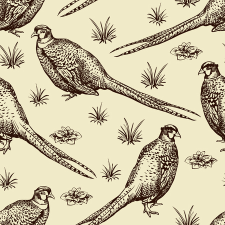 Seamless pattern with pheasants. Antique engraving illustration with birds.のイラスト素材