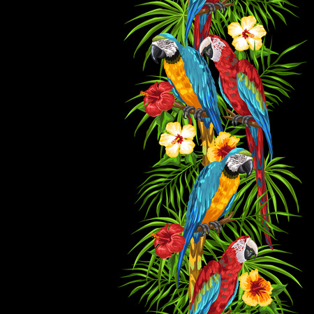 Tropical seamless pattern with parrots. Palm leaves, hibiscus flowers and exotic birds.のイラスト素材
