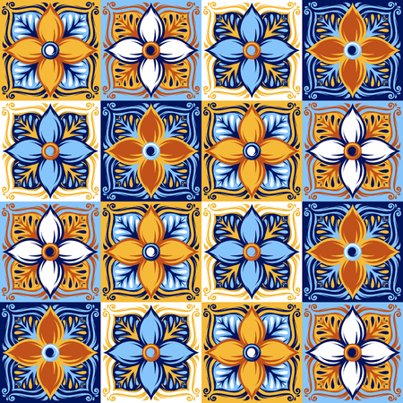 Italian ceramic tile pattern. Ethnic folk ornament. Mexican talavera, portuguese azulejo or spanish majolica.のイラスト素材