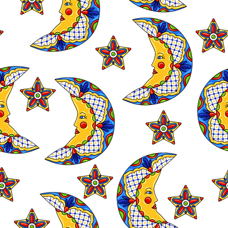 Mexican seamless pattern with moons and stars. Traditional decorative objects. Talavera ornamental ceramic. Ethnic folk ornament.のイラスト素材