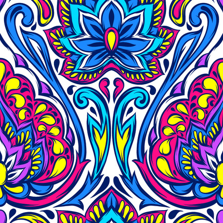 Indian ethnic seamless pattern. Ethnic folk ornament. Hand drawn lotus flower and paisley.のイラスト素材