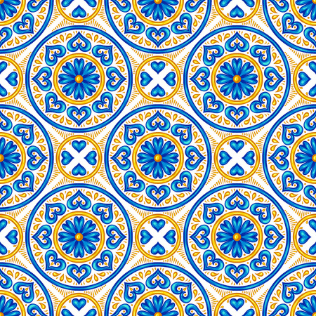 Moroccan ceramic tile seamless pattern. Ethnic floral motifs. Mediterranean traditional folk ornament. Portuguese azulejo, mexican talavera or spanish majolica.のイラスト素材