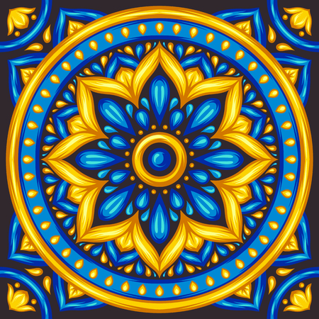 Moroccan ceramic tile pattern. Ethnic floral motifs. Mediterranean traditional folk ornament. Portuguese azulejo, mexican talavera or spanish majolica.のイラスト素材