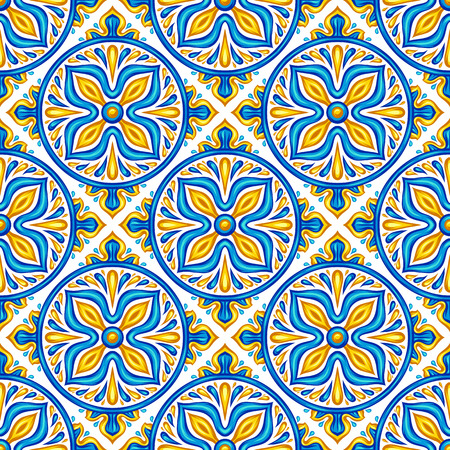 Moroccan ceramic tile seamless pattern. Ethnic floral motifs. Mediterranean traditional folk ornament. Portuguese azulejo, mexican talavera or spanish majolica.のイラスト素材