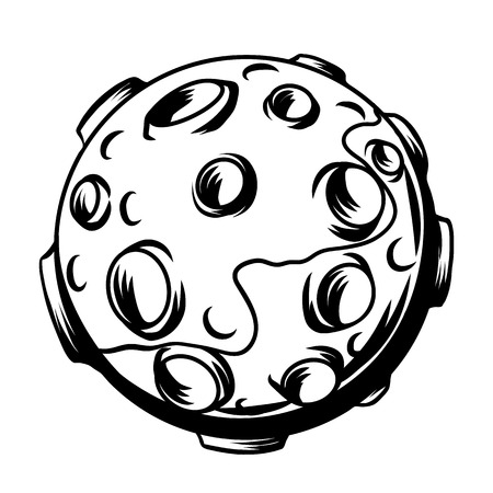 Illustration of moon. Satellite with craters. Black and white.のイラスト素材