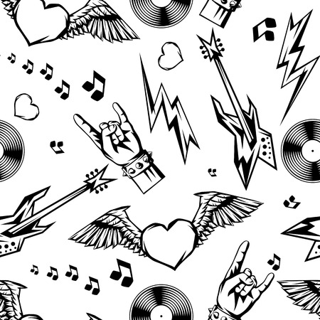 Rock and roll music seamless pattern. Rock festival ornament. Vintage background with musical items.のイラスト素材