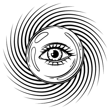 Magic ball with all seeing eye symbol. Spirituality, astrology and esoteric concept. Black and white hand drawn illustration.のイラスト素材