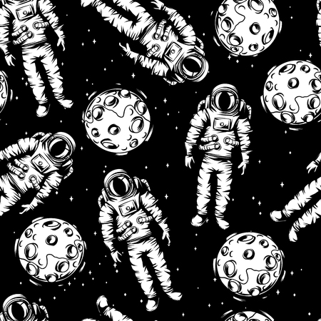 Seamless pattern of astronauts and moons. Spacemen in suit. Cosmonauts in outer space. Satellite with craters.のイラスト素材