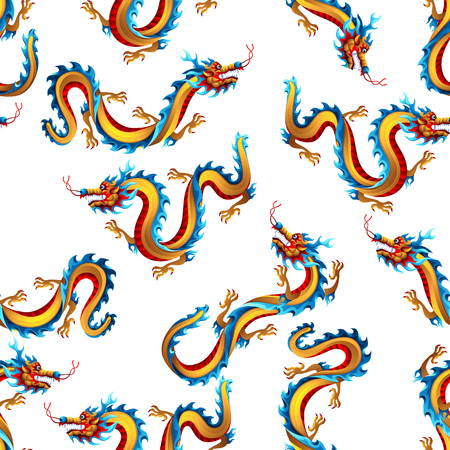 Seamless pattern with Chinese dragons. Traditional China symbol. Asian mythological color animals.のイラスト素材
