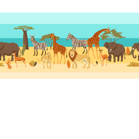 Seamless pattern with African savanna animals. Stylized illustration.のイラスト素材