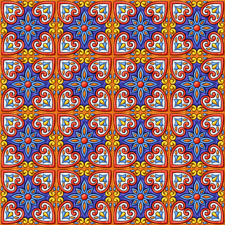 Mexican talavera ceramic tile pattern. Ethnic folk ornament. Italian pottery, portuguese azulejo or spanish majolica.のイラスト素材