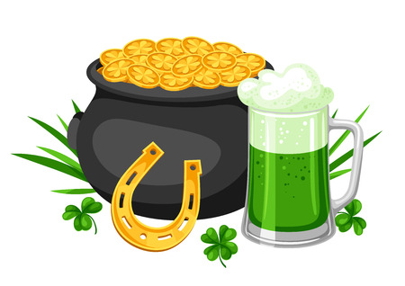 Saint Patricks Day illustration. Pot beer and horseshoe with clover. Irish festive national items.のイラスト素材
