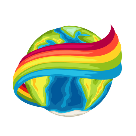 Happy Earth Day card. Globe with rainbow. Illustration on white background.のイラスト素材