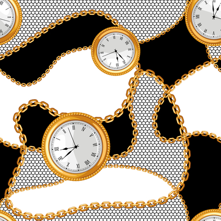 Seamless pattern with golden chains and watches.のイラスト素材