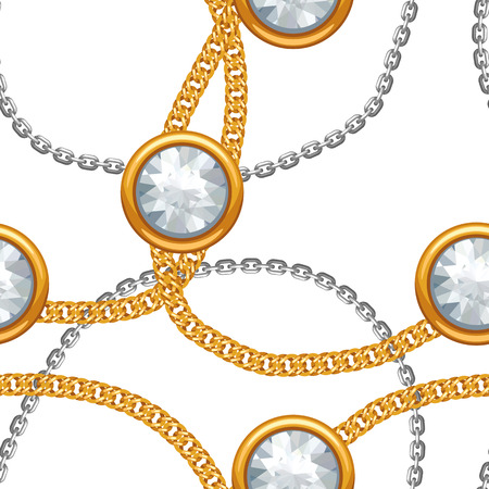 Seamless pattern with golden chains and gem stones. Vintage luxury precious background.のイラスト素材