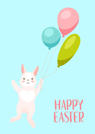 Happy Easter greeting card. Holiday illustration with bunny and balloons.のイラスト素材