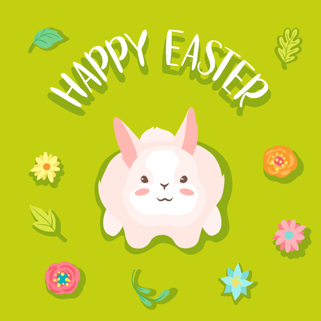 Happy Easter greeting card. Holiday illustration with bunny at meadow.のイラスト素材
