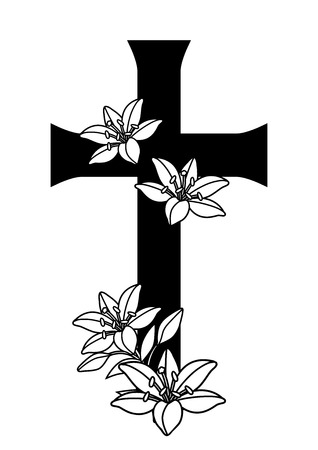 Happy Easter concept illustration. Cross and lilies. Greeting card. with religious symbol of faith.のイラスト素材