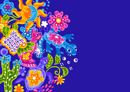 Mexican background with cute naive art items. Traditional decorative objects. Talavera ornamental ceramic. Ethnic folk ornament.のイラスト素材