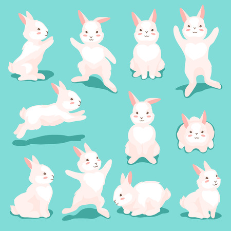 Set of cute Easter Bunnies. Cartoon rabbits smile characters for traditional celebration.のイラスト素材