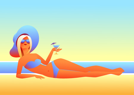 Girl sunbathes on beach. Beautiful tanned blond woman with cocktail.のイラスト素材