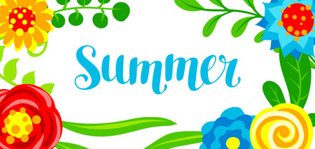 Background with summer flowers. Beautiful decorative natural plants, buds and leaves.