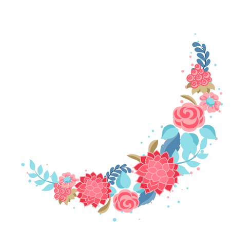 Decorative element with gentle flowers. Beautiful natural plants, buds and leaves.のイラスト素材