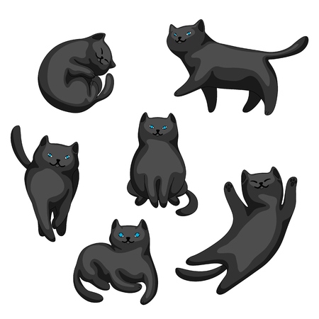 Set of cartoon black cats. Cute pets on white background.のイラスト素材