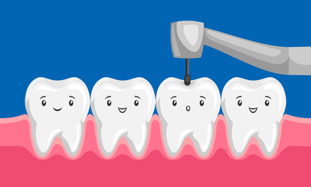 Illustration of tooth drilled by dental drill. Children dentistry characters.のイラスト素材