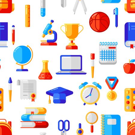School seamless pattern with education icons and symbols. Illustration in trendy flat style.のイラスト素材