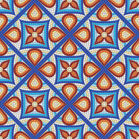Ancient mosaic ceramic tile pattern. Colorful tessellation ornament. Floral decorative texture.のイラスト素材