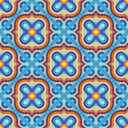 Ancient mosaic ceramic tile pattern. Colorful tessellation ornament. Floral decorative texture.のイラスト素材