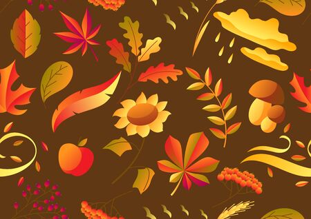 Seamless pattern with stylized autumn items. Falling leaves, berries and plants.のイラスト素材