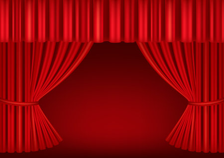 Red curtains of theater stage. Template for theatrical performance, movie house or presentation. Detailed mesh illustration.のイラスト素材